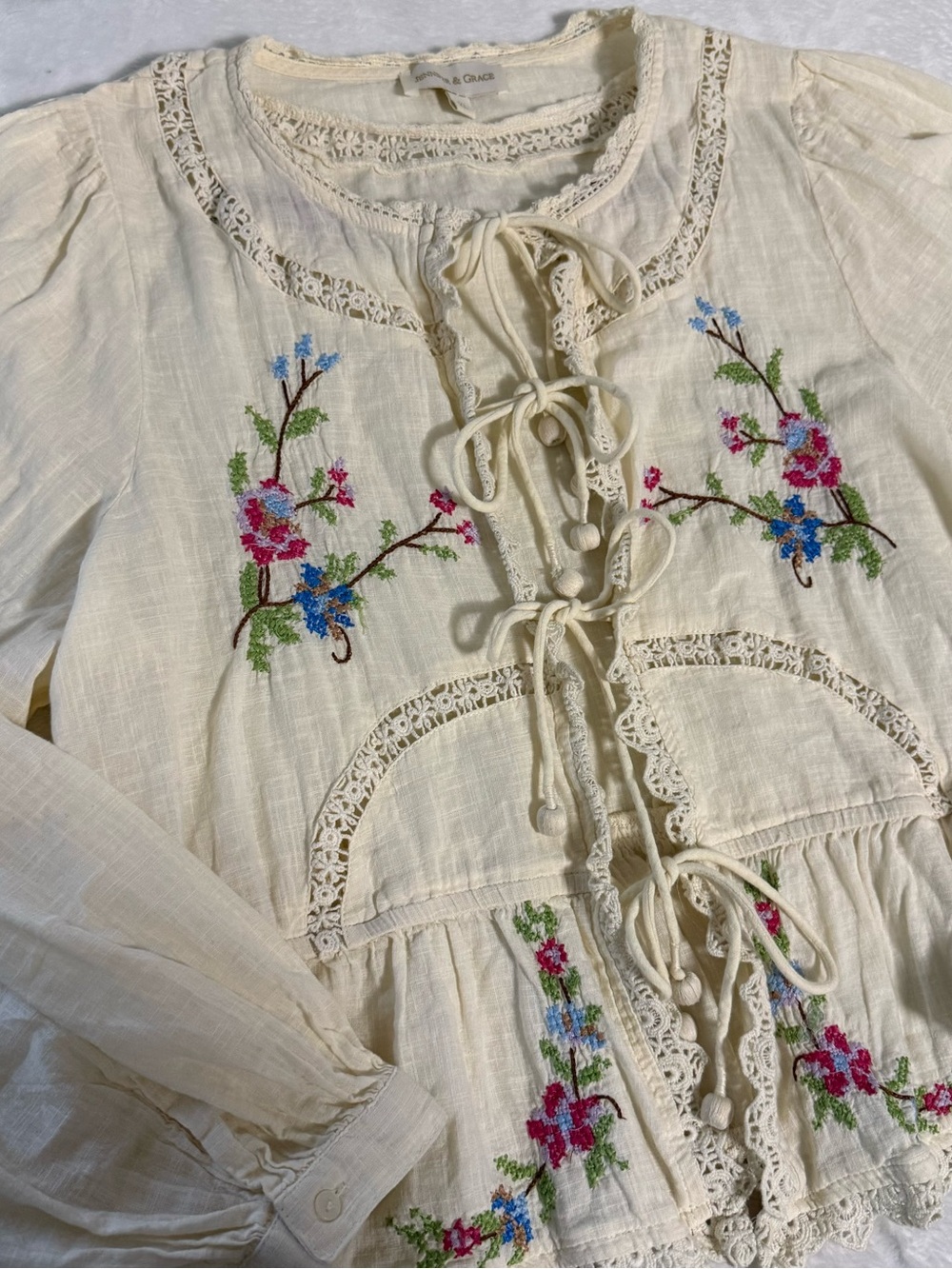 Jennifer & Grace Womens XL Embroidered Floral Cotton Tie Front Boho Blouse